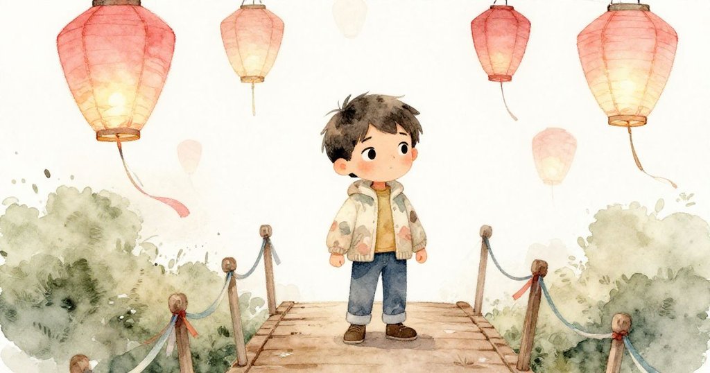 Milo踏上狹窄橋樑，冷風吹起紙燈籠與緞帶，他穩步前行表現出堅定與小心。