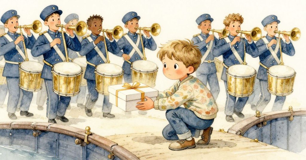 Milo蹲下身體用肩保護蛋糕盒，背景中樂隊擊鼓使橋板震動，他臉上顯示出堅定與應對挑戰的勇氣。