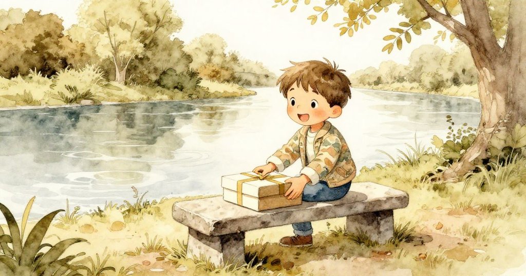 Milo在平靜河畔將蛋糕盒放於石凳上，臉上露出勝利與輕鬆微笑，展現旅途成功與挑戰後的成就感。