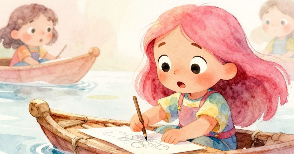 Mila近距離凝視著滑動的鉛筆，臉上驚訝與無奈並存，背景隱約現出搖動筏子細節，神情細膩動人。