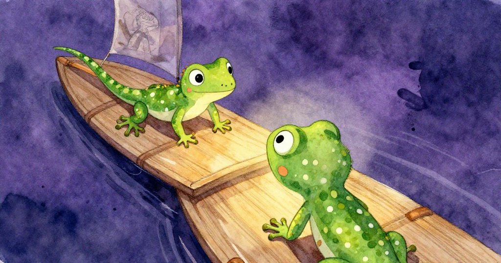 小綠蜥蜴從低角度望向Mila的速寫本，觀察紙上紋理與環境細節，充滿好奇與探險感。