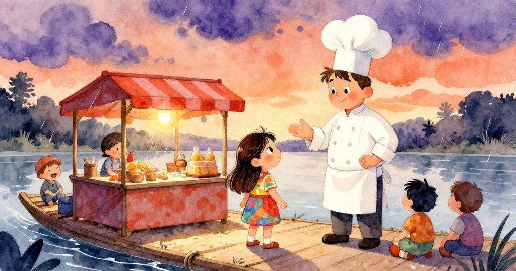 Chef與客人忙碌互動，Mila背景中持續繪畫，天空聚集烏雲，風起木板搖晃，現場熱鬧充滿動感。