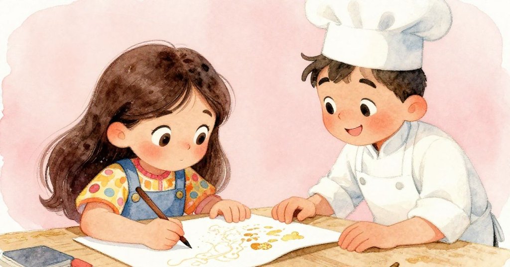 Mila翻換新頁開始繪製，雙手穩定動作，旁邊Chef急切湊近欣賞新創意，場景活力與期待並存。