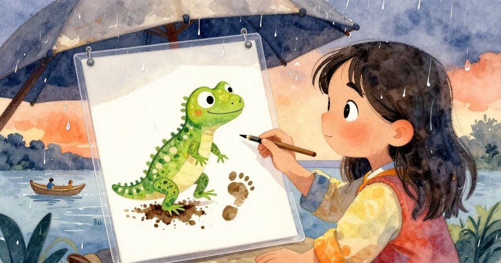 完成的笑臉蜥蜴圖高懸在透明襯套中，Mila滿足注視作品，雨滴輕敲帆布屋頂，筏面恢復寧靜與溫馨。