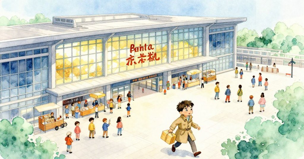 艾利亞斯在明亮車站中穿越人群，手持包裹，陽光映射玻璃與攤販熱鬧場景，展現故事開端與發展。