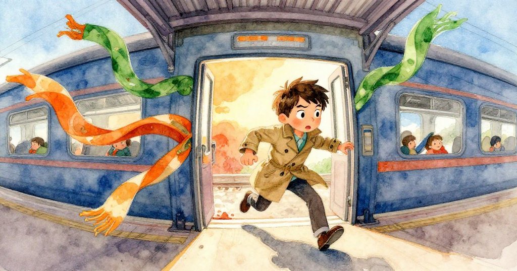 艾利亞斯於扭曲視角中躲避飛舞圍巾，門扉半開顯混亂，故事進入高潮與轉折。