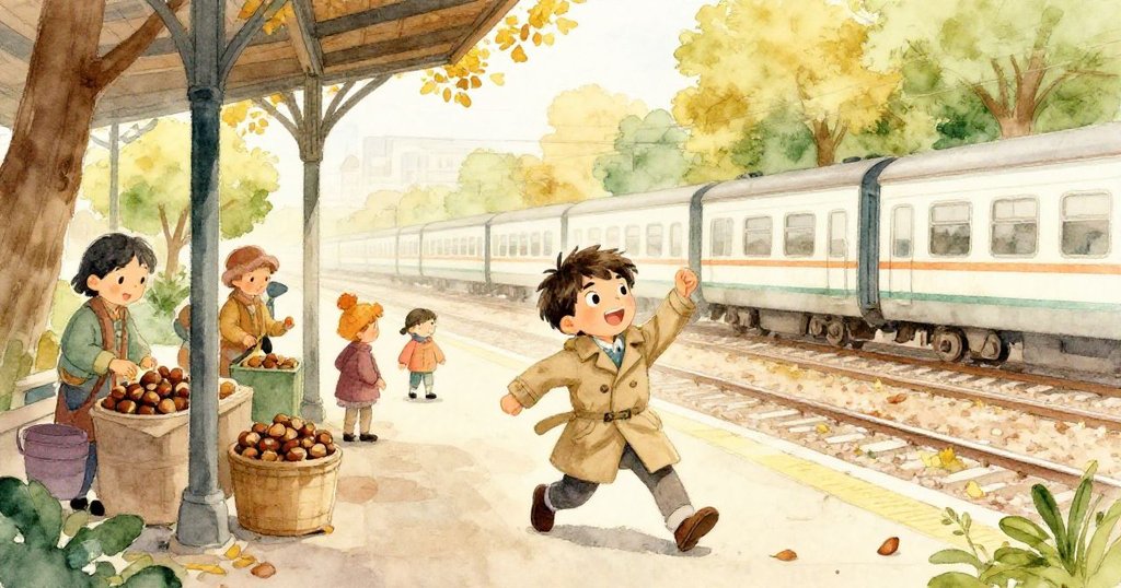 攤販炒栗子散發秋意，艾利亞斯從容穿越熱鬧市集，場景充滿季節風情與逐步解決。