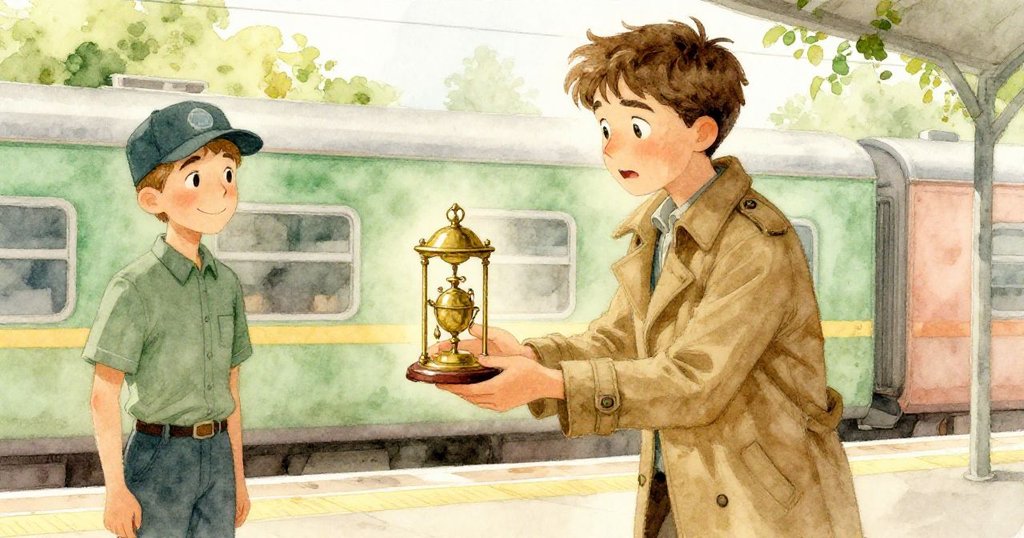 艾利亞斯於月台終交銅製小鹿給快遞員，滿足笑容展現結局，故事圓滿落幕。