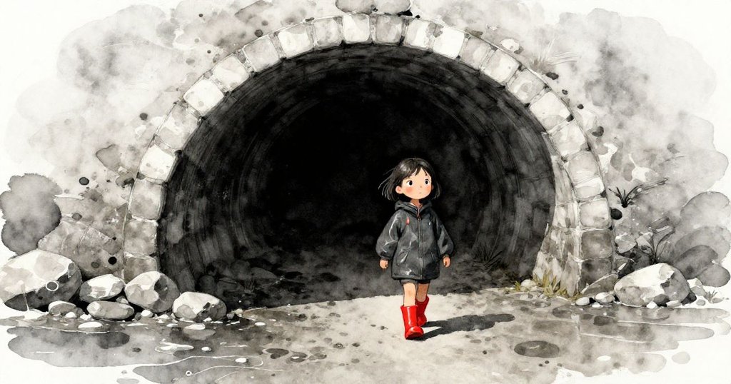 米拉穿鮮紅靴子走在潮落鹽隧道前，海面微光映照濕潤石路，展現冒險開始與期待情緒。