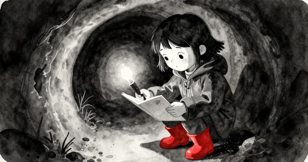 米拉在昏暗隧道中仔細翻閱筆記本及調整小物，手電筒微光照亮神秘濕潤牆面，展現探索進程。