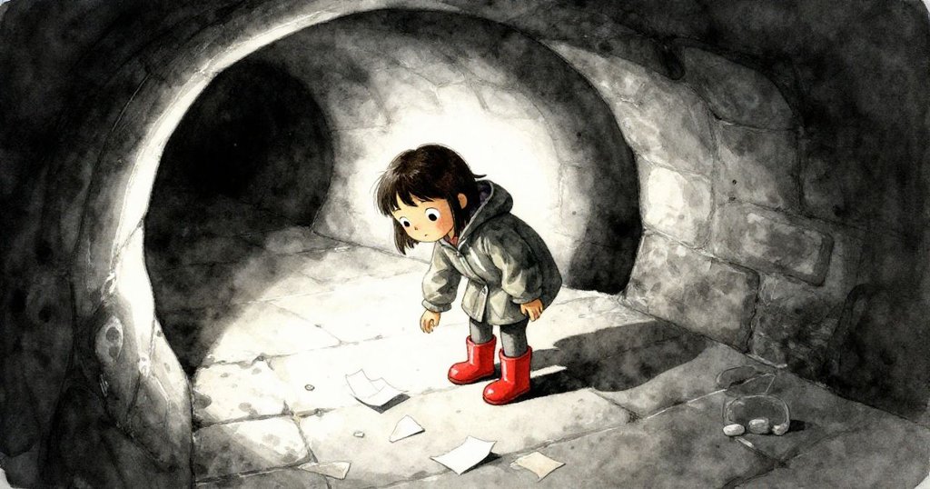 米拉俯身在濕滑隧道內拾取散落筆記本頁，光影閃爍映出她急迫與微妙的不安情緒。