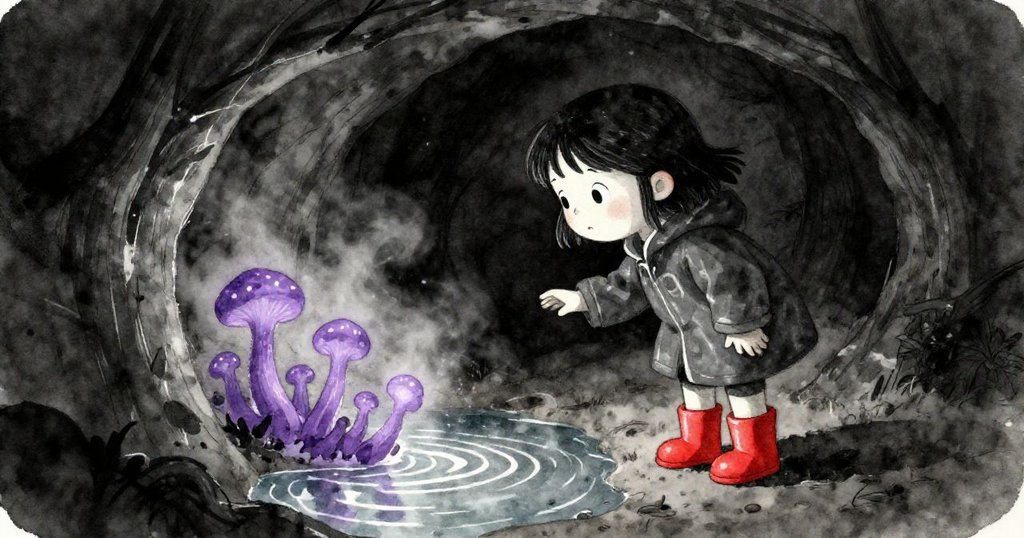 米拉在隧道水池邊試探前行，菌絲因溫度發光映出神秘美感，水面波光與轉機氣息交織。