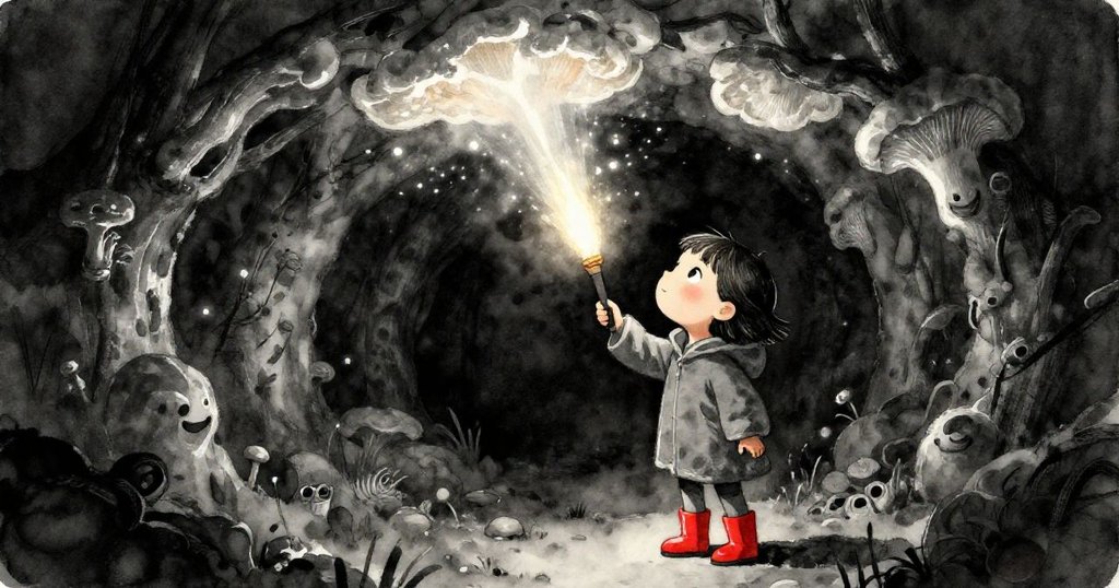 米拉驚喜仰望上空菌落依次點亮，手電筒光束劃過隧道，呈現魔幻慶典與敬畏情感。