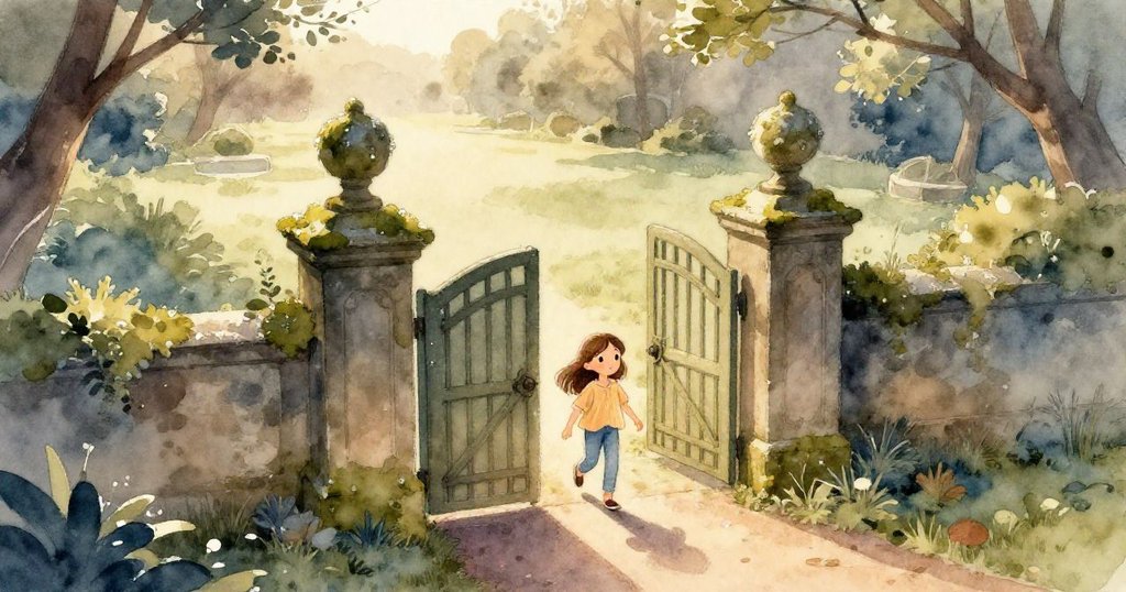 在晨光照耀下，Clara穿過覆滿露珠的苔蘚大門，背景展現廣闊植物公園及樹影細節，充滿期待與活力。