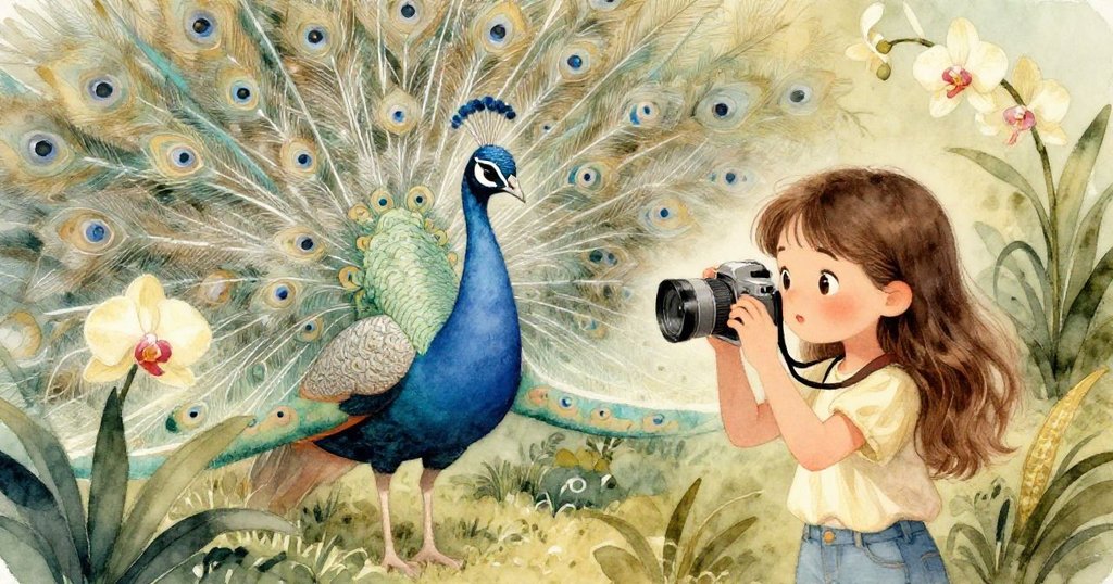 在層次分明的自然背景中，Clara聚精會神調整相機捕捉閃光的銀孔雀，蘭花與綠意相映成趣，充滿奇妙感。