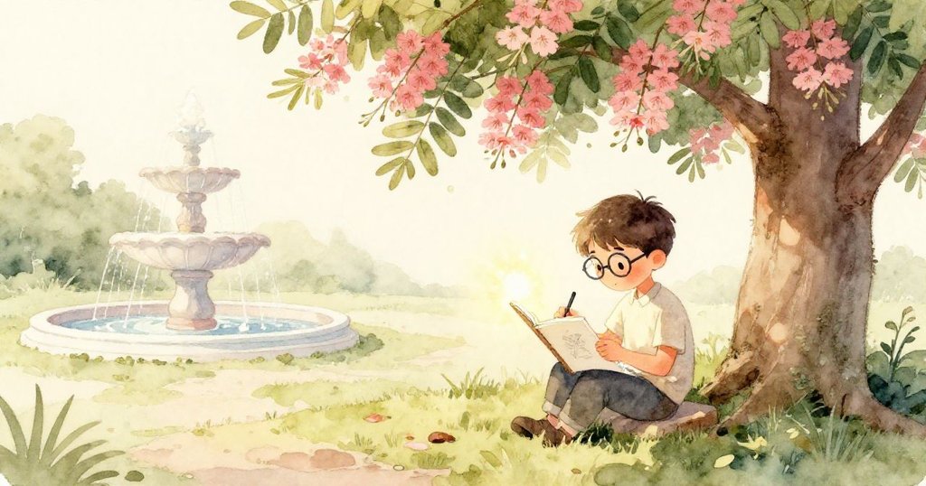 Oscar在樹下創作，手持畫冊被溫暖陽光照亮，背景展示安靜噴泉與自然美景，充滿靜謐專注。