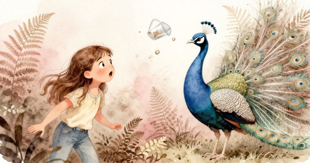 Clara驚慌失措調整相機，背景中銀孔雀因塑料杯脆響快速躲入綠意蕨叢，呈現緊張瞬間。