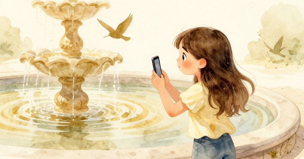 Clara在寧靜噴泉邊使用手機拍攝雙鳥倒影，水面閃光映著孔雀尾羽，結局平和而充滿詩意。