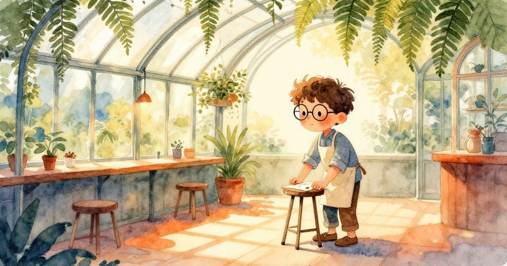 Silas在玻璃屋頂咖啡館忙展小凳，陽光斑駁照射，背景蕨葉搖曳，神情專注準備創作。