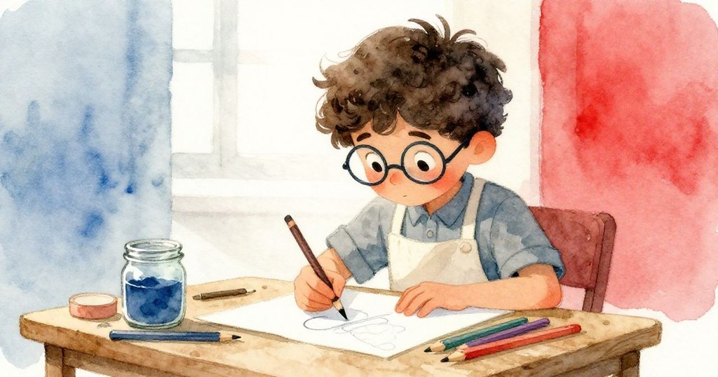 Silas聚精會神看著素描本和水瓶，桌上鉛筆散乱，氛圍溫馨寧靜，展現創作前的準備與對比。