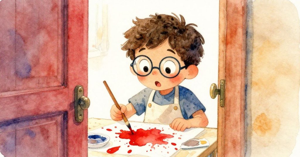 透過門縫觀察，Silas驚愕凝視桌上倒灑水花，顏料混濁飛濺，畫面細膩揭示意外瞬間。