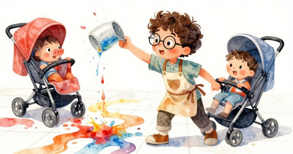 Silas驚慌伸手制止翻倒水瓶，小童推車輕觸他，顏料在瓷磚上流動，現場充滿意外與活力。