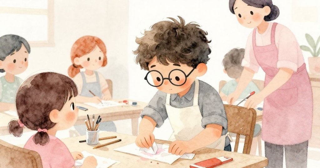 Silas俯身用餐巾清理溢出的顏料，顧客和服務生互相協助，現場漸變成溫馨有序的咖啡館。