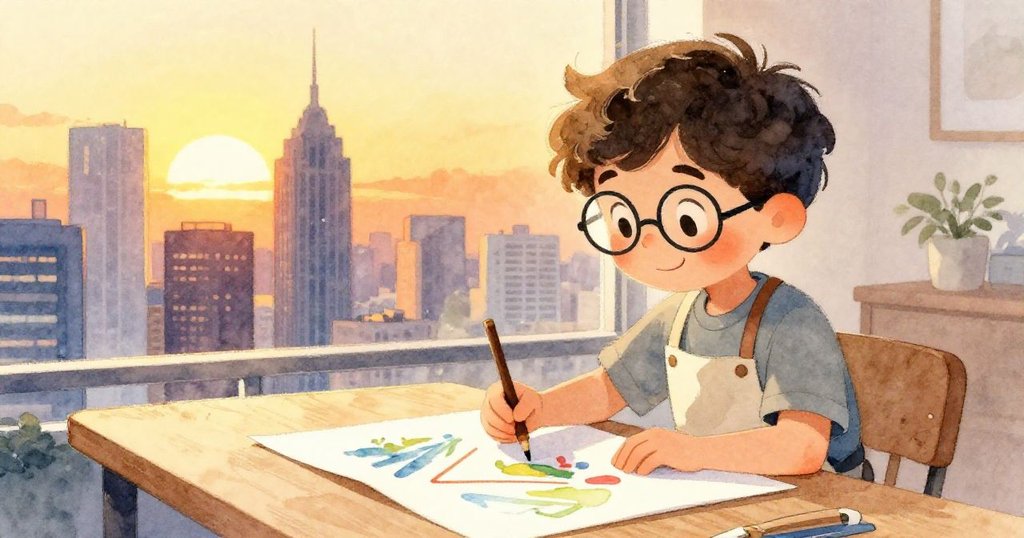 Silas用全新白紙創作微縮城市天際線，靠在椅背微笑，夕陽透過玻璃映出溫暖柔光，畫面充滿藝術再生。