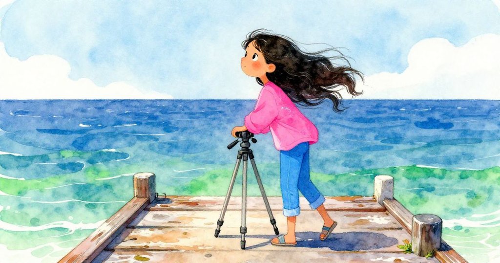 丹尼站在破舊碼頭末端，調整三腳架，海風輕撫臉龐，陽光照耀海天一色，充滿期待與專注。