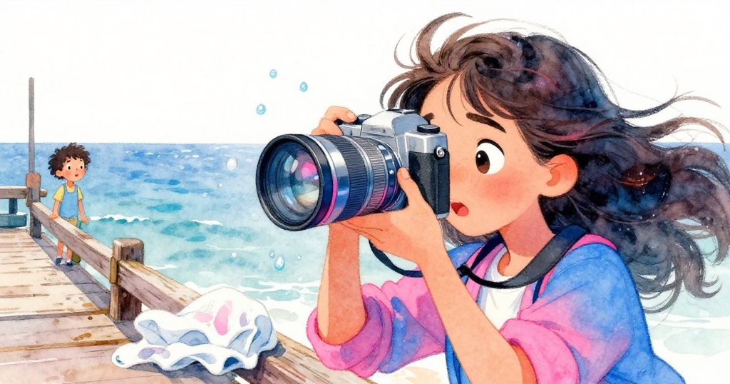 丹尼專注地用袖子擦拭相機鏡頭上的海水珠，手中緊握備用布，木板上細節清晰，展現專注與緊迫感。