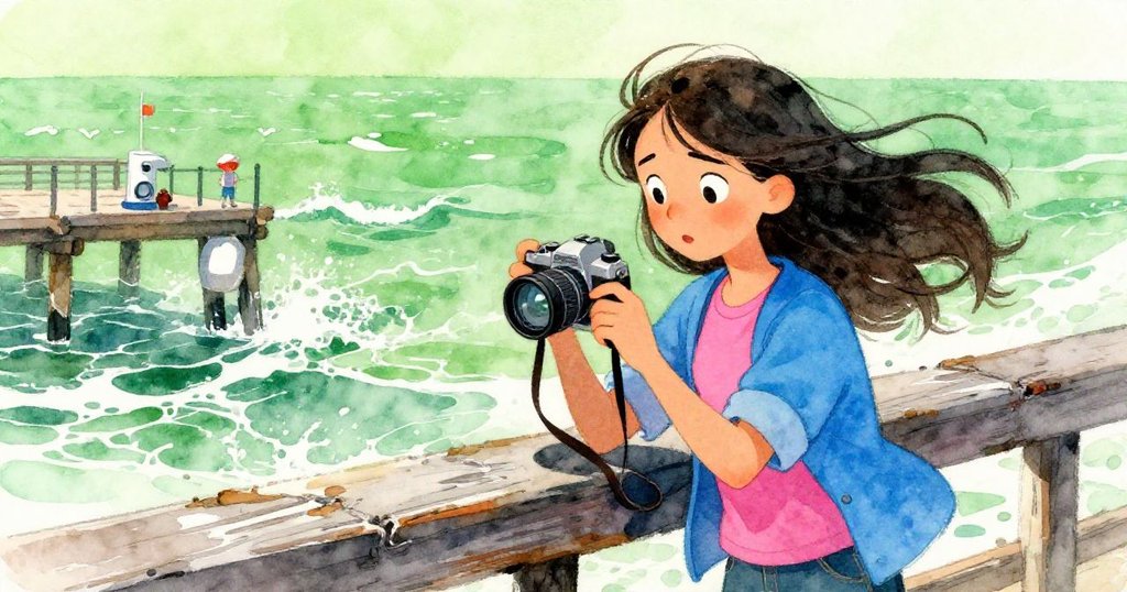 丹尼面對不穩的碼頭，專心調整相機備用濾鏡，眼神中透露出冷靜與決心，背景水波輕動，層次感分明。