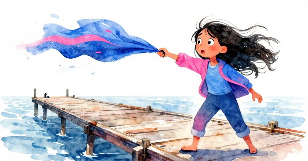 丹尼面對突如其來的風，急速收緊握把，追逐從木板間飛出的布，動感十足，背景展現戶外風情與木紋細節。