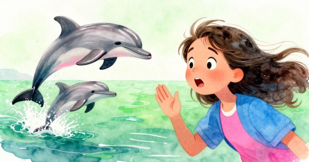 丹尼驚訝地按下快門，背景中海豚優雅躍起，燦爛陽光映照鱗光閃爍，緊張氛圍中蘊含驚奇。