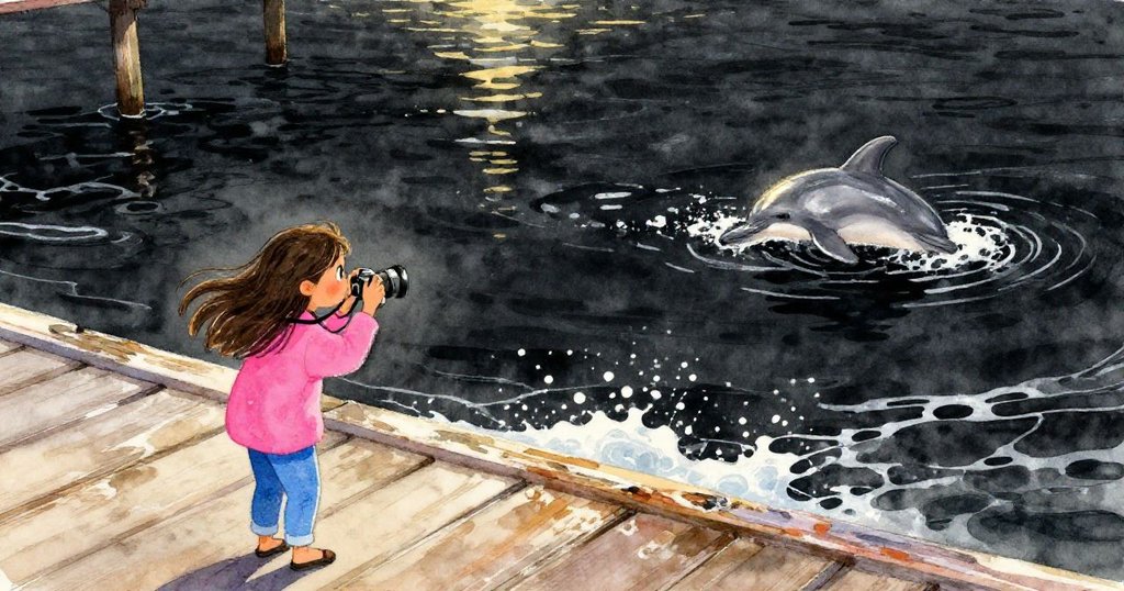 丹尼低下相機，站在海邊木板上，凝望最後一尾海豚消失在泡沫中，臉上流露出平靜與滿足，落日餘暉映照自然景致。