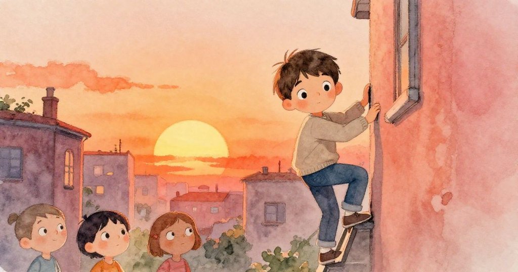 Milo爬樓梯，手提紙袋和摺疊食譜，背景有都市行人，表情專注期待，場景呈現城市溫暖黃昏。