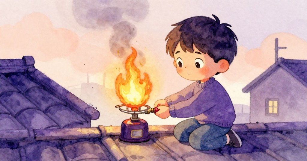 Milo在屋頂上低頭檢查露營爐閥門，動作細緻，火苗晃動映出認真神情，場景充滿溫暖與挑戰。