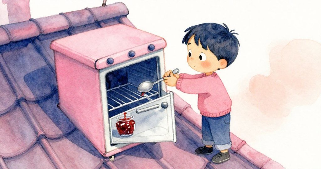 Milo在屋頂角落使用湯匙調整卡住的烤箱門，表情專注緊張，場景帶有彎曲角度與暖冷色交錯。