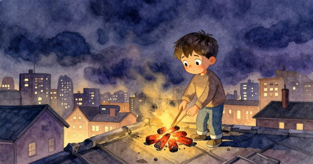 Milo在屋頂攪拌煤炭，額上汗珠流下，背後城市被暗雲覆蓋，氣氛緊張轉變，充滿期待。