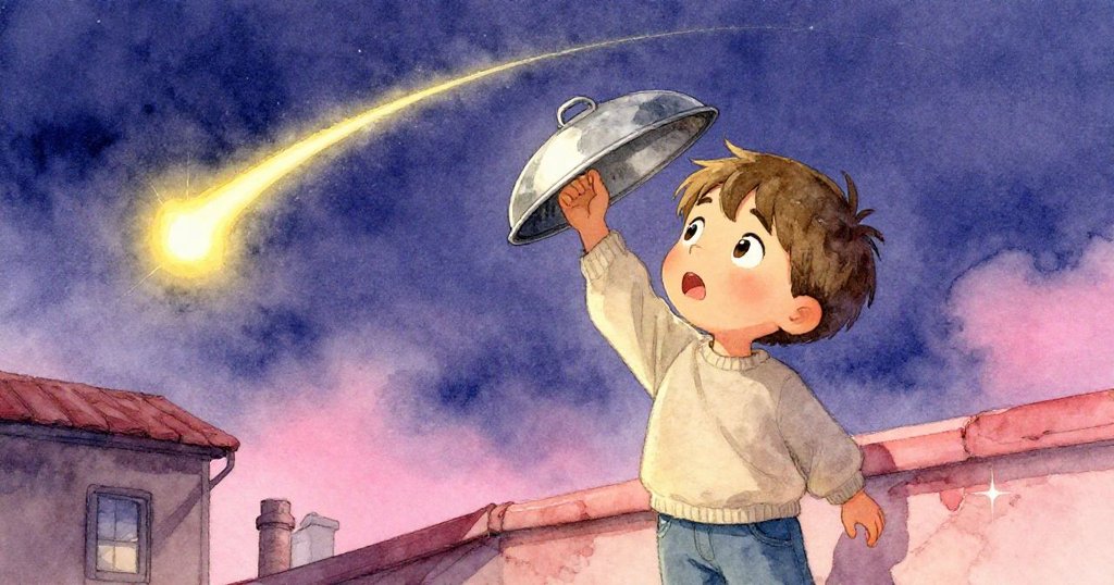 Milo在屋頂上揭烤箱蓋，滿臉驚喜敬畏，明亮流星劃過暗夜，場景展現高潮與期待感。