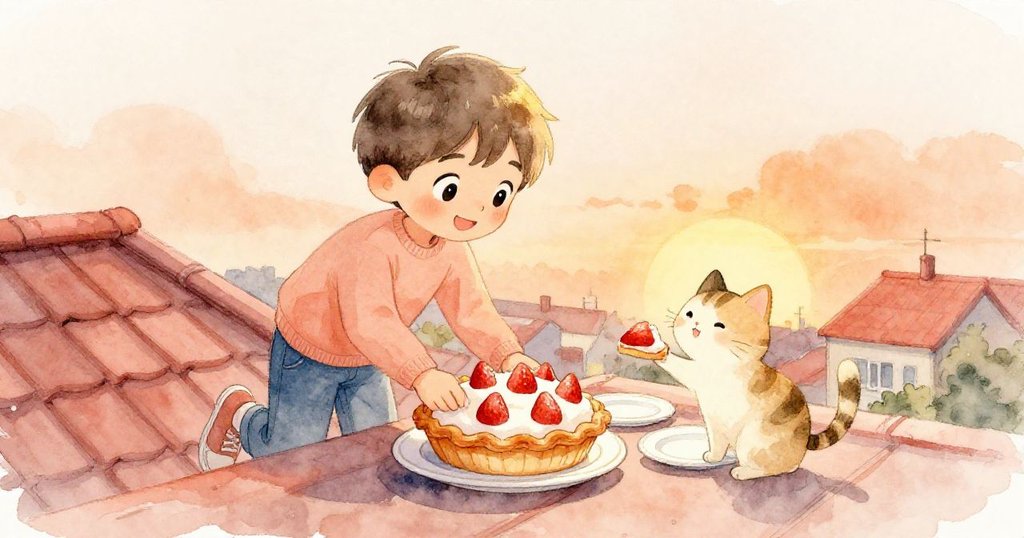 Milo在屋頂上將新出爐草莓派放盤旁，親切遞給等待小貓，滿臉愉悅與滿足，夜晚溫馨甜美。