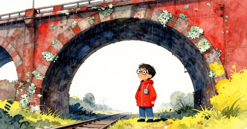 凱在鏽蝕拱門下觀察殘破景象，雨中充滿期待，他正調整相機，展現專注與希望。