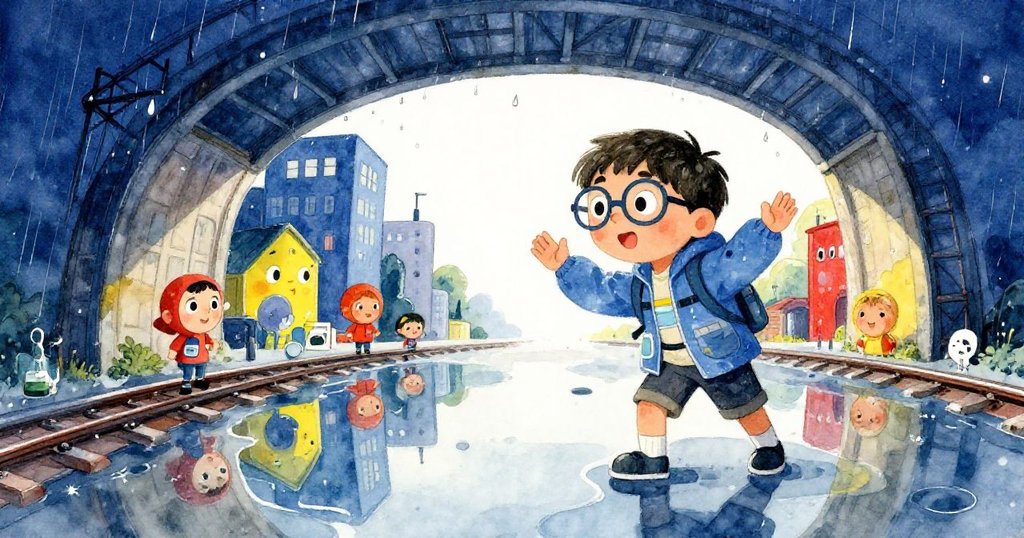 凱俯身拍攝積水倒影，雨滴點綴出扭曲幻想景象，臉上洋溢著驚奇與投入，充滿探索熱情。