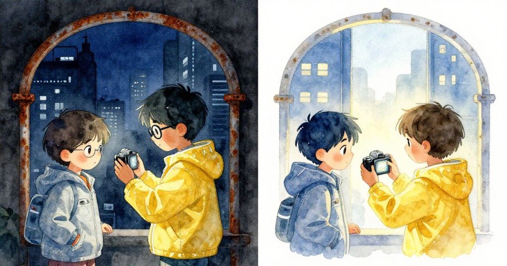 凱在分時畫面前，既見夜雨洗滌拱門又見晨光微露，認真檢查相機，神情中透露反思與期待。