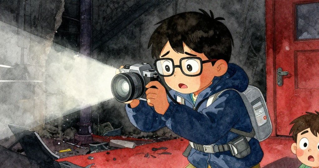 凱對相機屏幕上的淡色光條露出緊張神情，仔細檢查設備，雨滴飛舞中充滿懸疑與好奇。