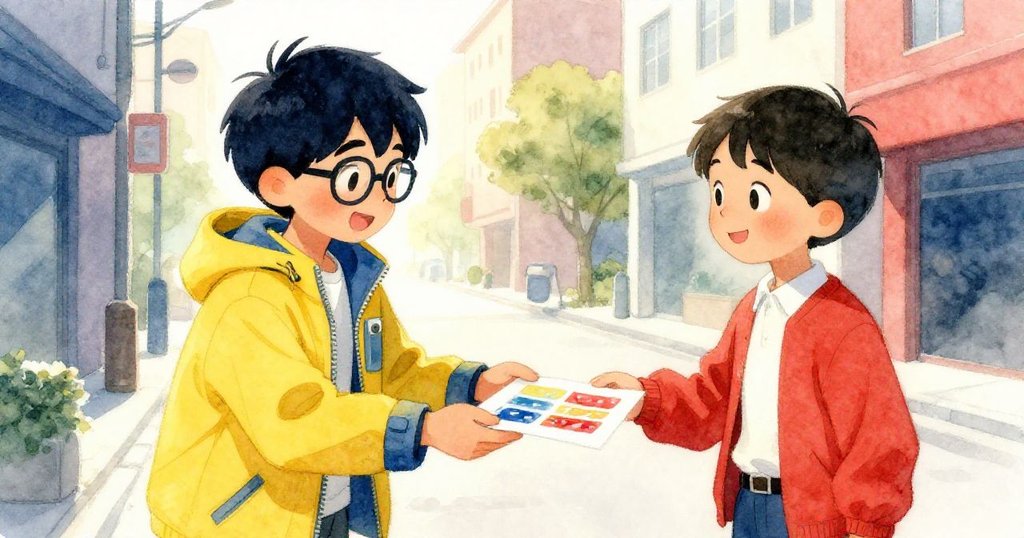 凱微笑著將幻彩幻燈片交予同事，兩人交流研究成果，背景初曦映照街角，滿懷合作與喜悅。