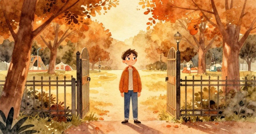 亞歷克斯站在楓樹公園入口，夕陽餘暉灑落，臉上滿懷期待，背景呈現溫暖金色與搖曳樹影。