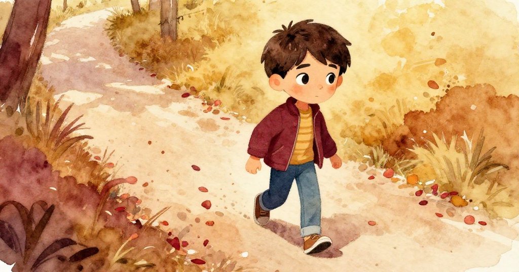 亞歷克斯走在鋪滿粉色花瓣的小徑上，腳步堅定，四周洋溢柔和暖色調，呈現出尋夢的氛圍。