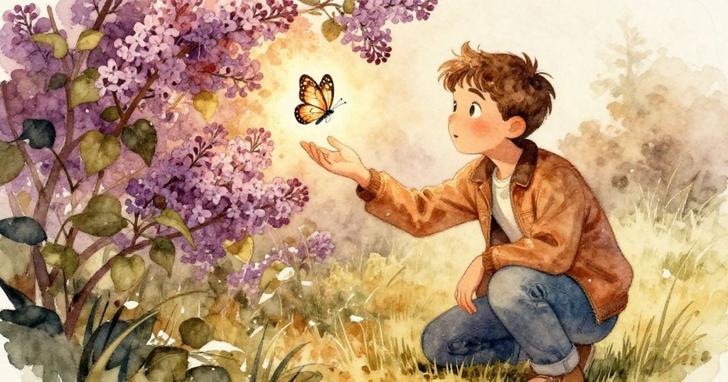 亞歷克斯蹲在紫丁香旁，專注地伸手捕捉那轉瞬而逝的玻璃翅蝴蝶，現場充滿希望與神秘。