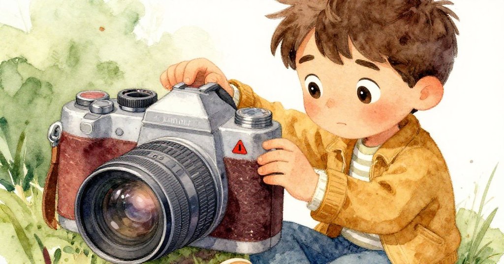 亞歷克斯低頭檢查舊相機，手指輕觸閃爍紅光，流露出擔憂與堅定的情感，細節清晰。