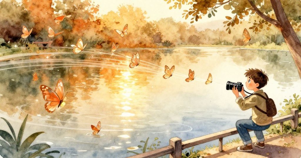 亞歷克斯站在池邊低欄杆上調整相機，池面映出透明蝴蝶翅膀的流動琥珀光影，夕陽迷人。